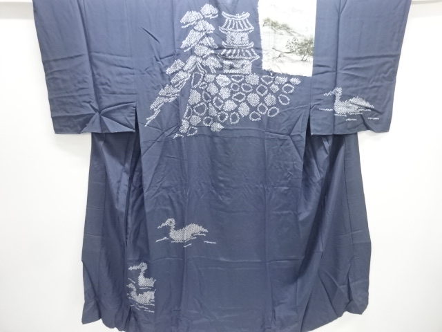 JAPANESE KIMONO / ANTIQUE MENS JUBAN / SILK / SHIBORI / CASTLE & SCENERY